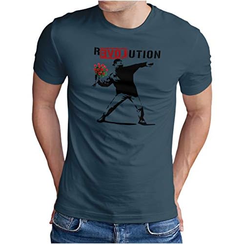 OM3® Love Stencil Banksy Camiseta | Hombre | R-Love-UTION Urban Street Art Revolution | S - 5XL, Denim (#1404), XL