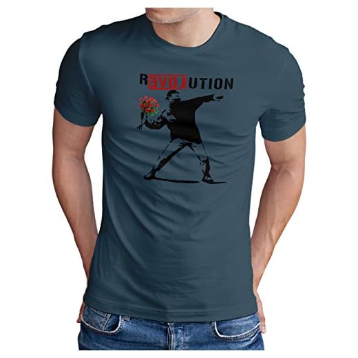 OM3® Love Stencil Banksy Camiseta | Hombre | R-Love-UTION Urban Street Art Revolution | S - 5XL, Denim (#1404), XL