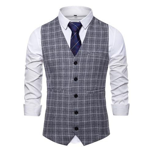 Maiyifu-GJ Men's Formal Suit Vest Casual Business Plaid Dress Vests V-Neck Slim Fit Waistcoat for Wedding with Pocket3