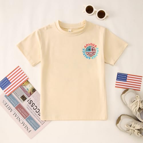 Image of MODNTOGA Boys Girls 4th of July Shirt USA Flag Graphic T-Shirt Big Kids America Print Short Sleeve Patriotic Holiday Tee Tops (Beige, 7-8 Years)
