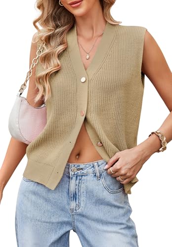 Image of Womens Button-Front Sweater Vest Top V Neck Sleeveless Knit Tank Fitted Halter Raceback Cardigan Vest