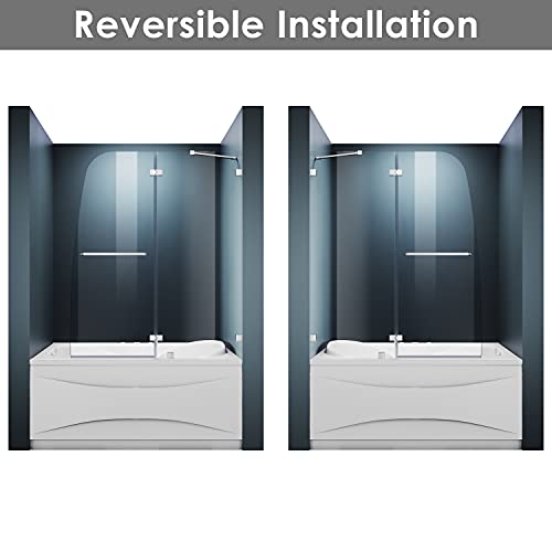 Elegant 48" W X 58" H Frameless Hinged Bathtub Door 5/16" Clear Tempered Glass Hinged Pivot Framless Stationary Panel Tub Shower Doors Support Bar Included Chrome Finish #TOP6