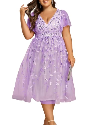 Image of Ever-Pretty Womens Embroidered Tulle Plus Size Cocktail Evening Party Dress A-Line Midi Wedding Guest Dresses for Curvy Women