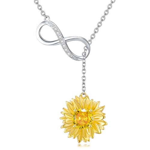 Diamond Sunflower Necklace with Birthstone 925 Sterling Silver Lab Grown Diamonds Infinity Sunflower Lariat Pendant for Women