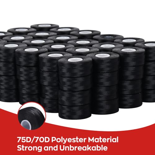 Image of Poolin Prewound Bobbins, Richword Selected Black SideLess 144pcs Size L(SA155), 75D /2(60WT) Polyester Bobbin Thread for Commercial Multi Needles Embroidery Machine, 120 Yards