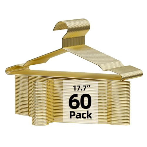SPECILITE 60 Pack 17.7'' Gold Metal Hangers with Notches for Large Suits Size, Shirts, Pants, 0.16" Heavy Duty Coats Hangers, Space-Saving by SPECILITE - Used condition - US$43.06