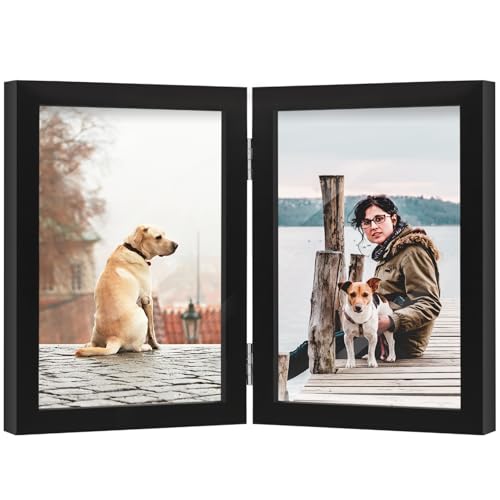5x7 Double Picture Frame Wooden Hinged Photo Frame Definition Glass Stand Vertically on Desktop or Tabletop Black