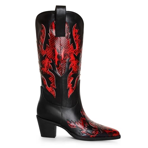 Image of ANN CREEK Women's 'Claremont' Sexy Cowboy Boots Mid Calf Knee-high Patchwork Dressy Cowgirl Western Woman Chunky Heel Pointed Toe Trendy Knee High Tall Boots
