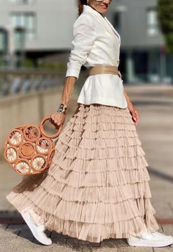 Flygo Women's Long Maxi Tulle Skirts A Line Ruffle High Waisted Tiered Layered Mesh Tutu Skirt Petticoat3