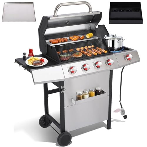 GRILL DEPOTS Griddle Grill Combo, Propane Gas and Charcoal Grill Combo, Outdoor BBQ Grills, 4 Burner Propane Stove with Griddle, Cast Iron Grates, Side Burner & Prep Space