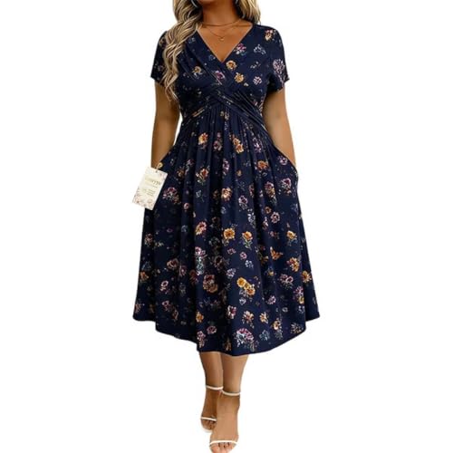 2026 Women's V-Neck Floral Print Dress with Twist Waist and Side Pockets