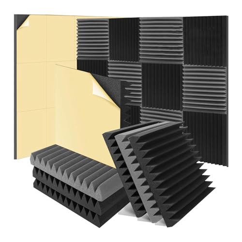 Steowsey Paquete de 12 paneles de espuma a prueba de sonido, autoadhesivos, de algodón, para estudio de grabación en interiores, estudio, oficina, color negro y gris