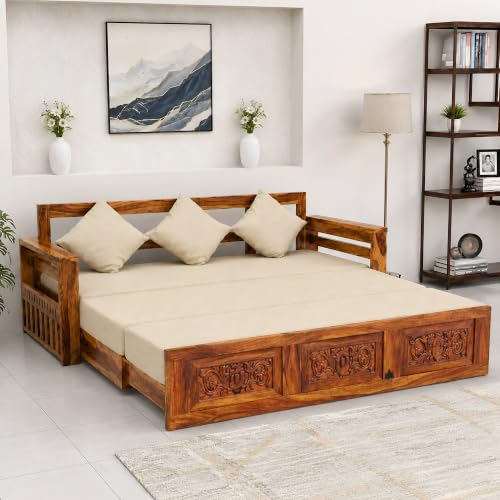 Image of SONA ART & CRAFTS Maharaja Sheesham Wood 3 Seater Sofa Cum Bed | Wooden 3 Seater Sofa for Living Room Wooden Furniture Sofa Bed for Home (Natural Finish)