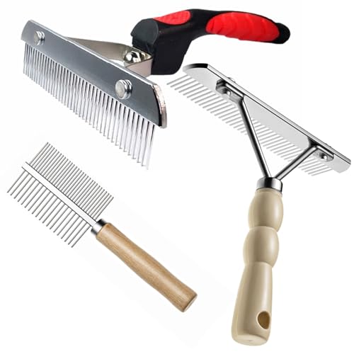 Undercoat Rake for Dogs, 3 Pack Extra-Large Rake Comb Set Long Tooth Undercoat Brush & Flea Comb, Long Hair Dog Combs for Grooming Shedding German Shepherd Horse Great Pyrenees
