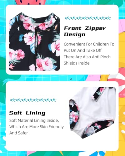 Image of Kids Girls Rash Guard Long Sleeve One Piece Swimsuits Zipper Bathing Suits UPF 50+ Tropical Plant Flowers Ages 3-12