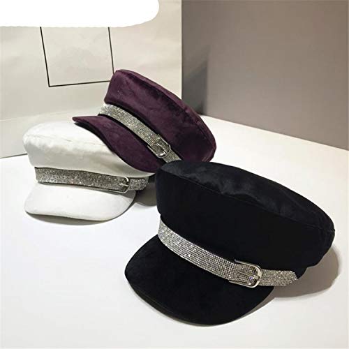 Women Purple Baker Boy Hat Velvet Designer Newsboy Cap Spring Autumn Rhinestone Flat Cap,Black,M (56-58Cm) #TOP2