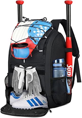 Baseball Bag Baseball Backpack with Shoe Compartment Lightweight Softball Bat Bag with Fence Hook Softball Backpacks for Girls Boys and Adult, T-Ball & Softball Equipment & Gear,Batting Glove, Helmet