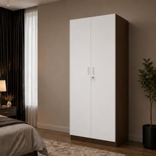 Image of GRATUS 2 Door Wardrobe - Compact Engineered Wood Cupboard Without Drawer for Clothes Storage, Small Bedroom Organizer - 180 x 70 x 45 cm Classic White