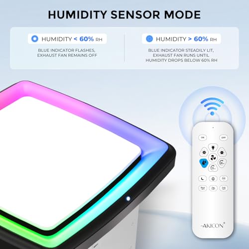 Image of Akicon Bathroom Exhaust Fan with RGB Light, 110 CFM 1.5 Sones Bathroom Vent Fan with Humidity Sensor & Dimmable 3CCT LED Light, Square, Black, No Wall Switch Required