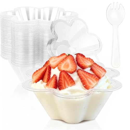 50 Pcs 8 Oz Flower-shaped Transparent Plastic Dessert Cups, With Spoons