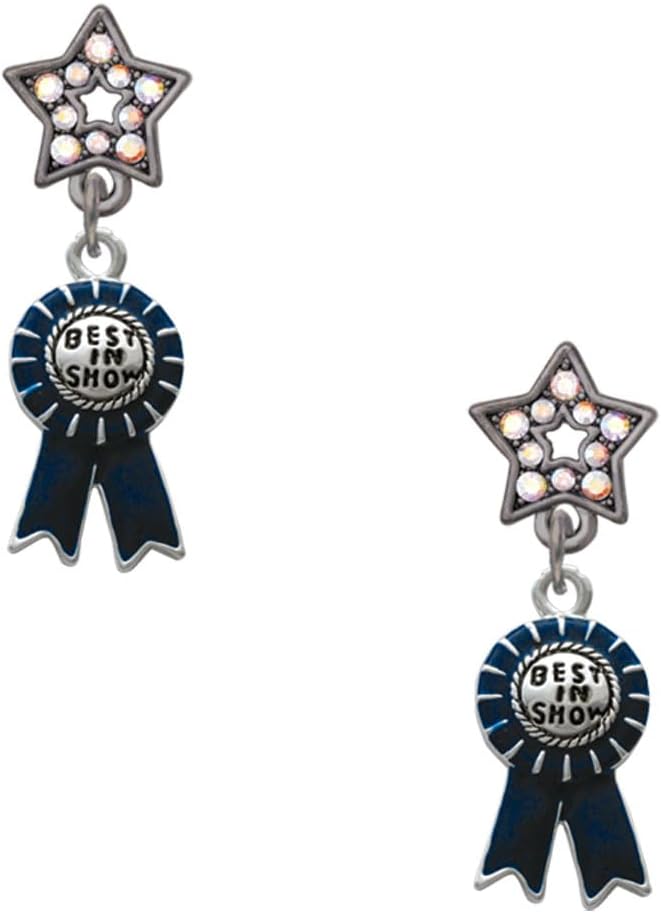 Delight Jewelry Silvertone Best in Show Blue Ribbon Midnight Dream Big Star Post Earrings