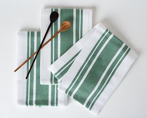 Casa De Lan Kitchen Towels Set – Pack of 3 (20’’ x 30’’) Extra Large Premium Cotton Dish Towels for Kitchen – Super Striped Towels – Absorbent – 100% Cotton – with Hanging Loop – Olive