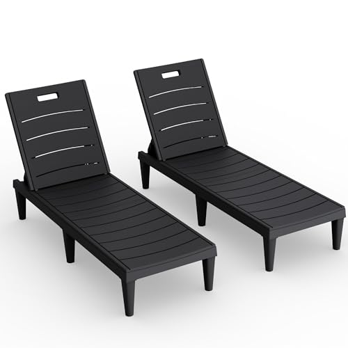 Devoko Outdoor Chaise Lounge Chair Set of 2 with 5-Position Adjustable Back, Waterproof & Lightweight PP Lounge Chairs for Outside Pool Patio (Black)