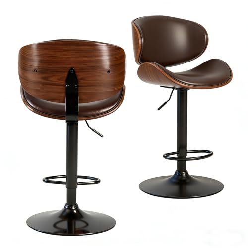 Image of HealSmart Swivel Bar Stools Set of 2, PU Leather, Adjustable Height Bentwood BarStools with Ergonomic Back and Footrest, Ideal for Bar Stools for Bar Counter, Home Kitchen, Dining Room, Brown