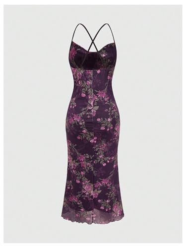 Image of SOLY HUX Women's Floral Mesh Bodycon Cami Dress Cowl Neck Sleeveless Cocktail Party Wedding Guest Long Maxi Dresses