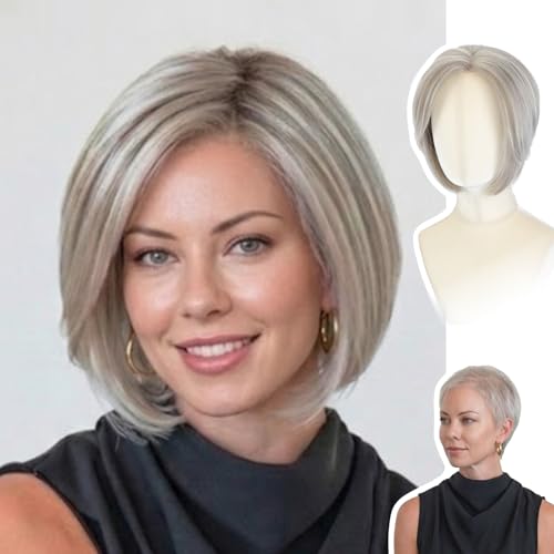 WIGYY Mono Top Lace Front Bob Wig for White Women 10 Inch Silver Grey Short Straight Synthetic Wig Natural Protein Fiber Hair Glueless Lightweight Daily Wig for Older Women