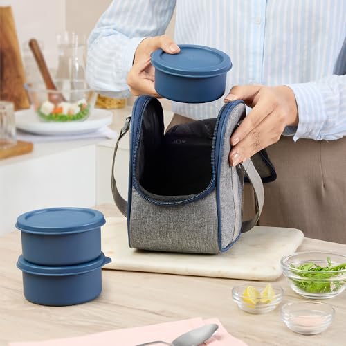 Image of Borosil Carrymore Microwavable Stainless Steel Lunchbox with Bag | 300ml x 3 pc Round Container Set | Tiffin with Food Grade Steel | Vertical | 1 Year Warranty
