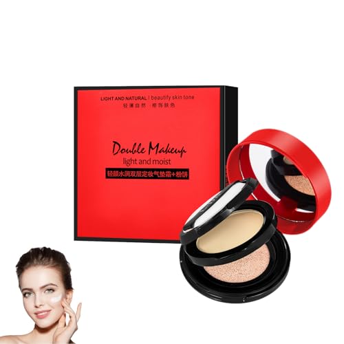Air Cushion CC-Creme mit gepresstem Puder, Doppelschicht-Cushion-BB-Creme und Fixierpuder, 2 in 1 Make-up-Grundierung, tragbares Gesichtspuder, kompaktes Puder für lang anhaltenden matten Finish