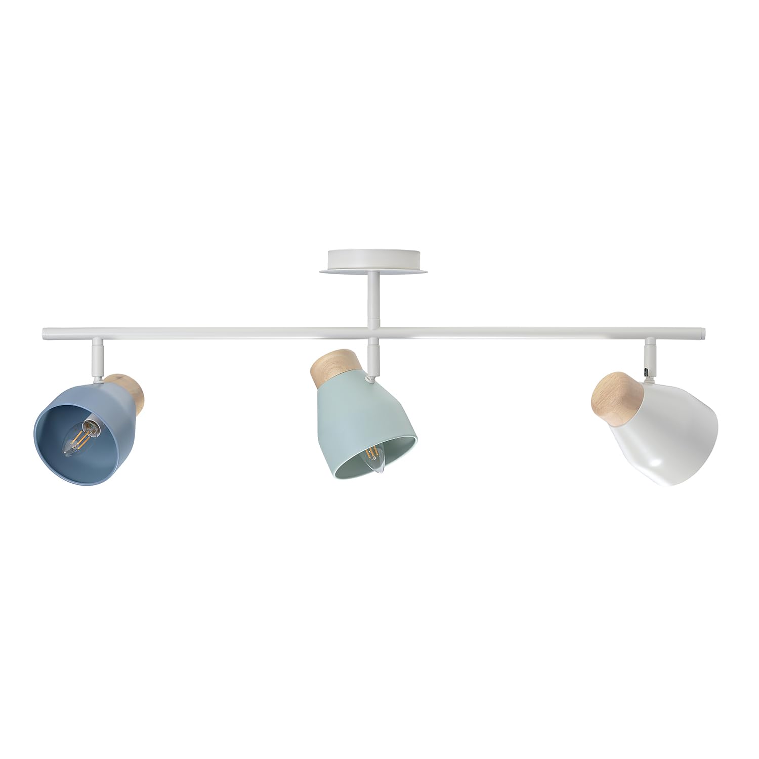 Contemporary Scandinavian Style Triple Spot Bar Ceiling Light in Muted Dove Grey Dusk Blue and Duck Egg with Rubber Wood Trims | 85cm x 17cm x 28cm by Happy Homewares