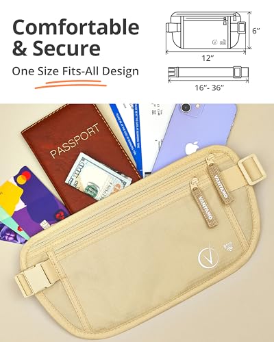 Image of Vantamo Money Belt with RFID For Men & Women, Hidden Passport Holder for Travel, 2 Compartment Travel Fanny Pack for Women Anti Theft