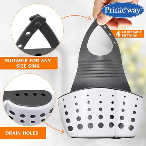 Image of Primeway Silicone Kitchen Sink Sider Faucet Caddy|Sponge Holder with Adjustable Strap|Bathroom Organizer|Bathtub Hanging Storage Cleaning Supplies|Brush,Dishwashing Accessories Rack|White & Grey