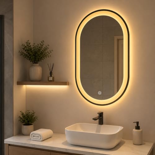 Image of SANIF Bathroom Wall Capsule 18x24 Inch LED Mirror with Light Touch Sensor (Warm, White, and Natural) with Adjustable Brightness