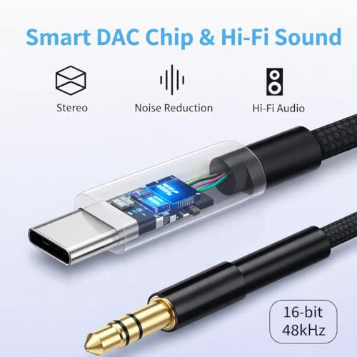Image of Mizi USB C to 3.5mm Audio Aux Jack Cable,3.3FT USB Type C to Male Slitter Adapter Dongle Cable Cord Car Headphone Compatible with iPhone 17 /16 /15 Series Samsung Galaxy S26 to S22,iPad Pro - Black