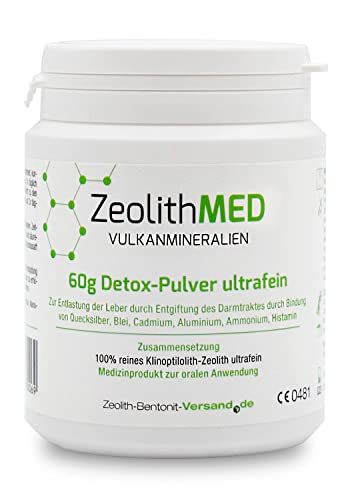 Zeolita MED Detox en polvo ultrafino, 60 g, recomendado por médicos, calidad de farmacia, análisis de laboratorio, para desintoxicación y purificación