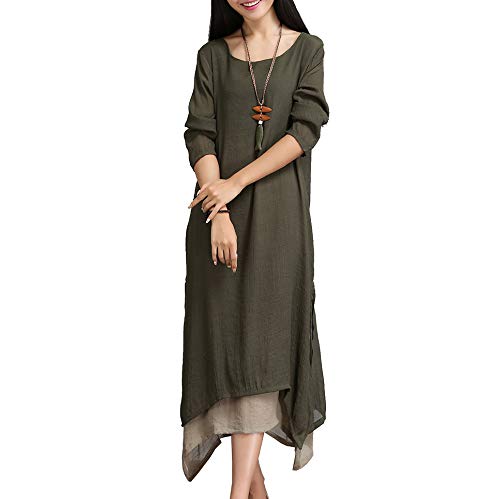 GCC Vestido Informal Estilo Folk De Las Mujeres Irregular De Dos Capas A-Line De Algodón De Lino Baggy Vestido Suelto Maxi Brown-L