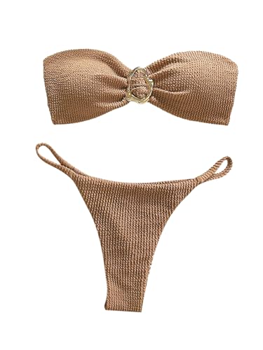 GORGLITTER Women's Crochet Bikini Sets Tube Top Bathing Suits Metal Ring Strapless High Cut Swimsuit
