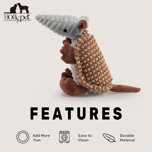 Image of Hollypet Plush Dog Squeaky Toy Stuffed Armadillo Animal Pet Puppy Chew Toys with Clean Teeth for Small Medium Large All Breed Sizes Dogs, Brown and Bronze,8 in