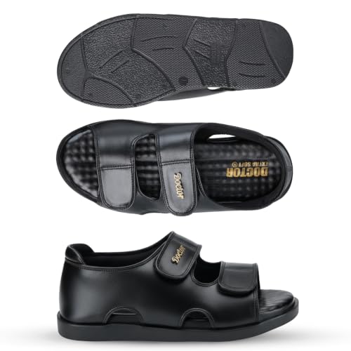Image of DOCTOR EXTRA SOFT Orthopedic Diabetic Comfortable Dr Sole Footwear Daily Use Casual Wear Stylish Black Cushioned Adjustable Strap Sandals for Men's-Gents &Boy's L-10