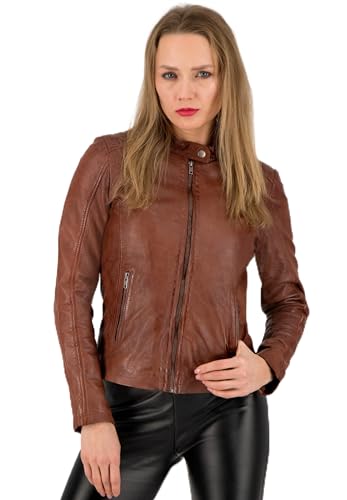 URBAN 5884 Chaqueta de Cuero para Mujer, Gigi, Suave y Genuino Cuero, Abrigo de Cuero, Marrón, 2XL