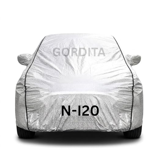 Image of Waterproof Car Body Cover for N i20 All Weather Protection Comes with Inner Cotton Lining & Triple Stitched with Mirror & Antenna Pocket Belt & Elastic Fit Metallic Silver with Black Piping2