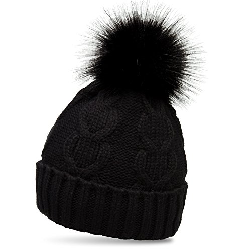 Caspar MU163 Damen Mütze Strickmütze mit tierschutzgerechtem Kunstfell Bommel und klassischem Zopf Strickmuster, Farbe:schwarz, Größe:One Size