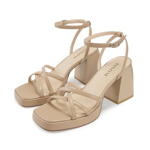 Image of ISNOM Platform Heels for Women Block Chunky Sandals Strappy Ankle Strap | Platform Heels with Square Toe and Ankle Strap. Comfortable Chunky Sandals for Weddings, Parties, and Daily Wear