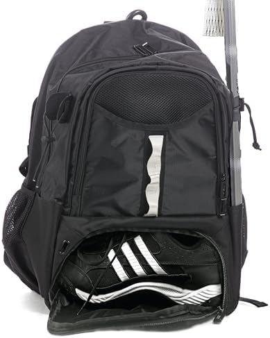 Athletico Turf Extra Large Lacrosse Backpack - Holds Lacrosse & Field Hockey Equipment - Two Stick Holders, Separate Cleats Compartment (Black)