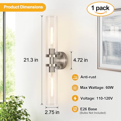 Image of Indoi Brushed Nickel Wall Sconces, Hardwired Bathroom Sconces Vanity Light with Clear Glass, Modern Bathroom Vanity Lights fixtures for Mirror Bedroom Living Room Hallway Kitchen