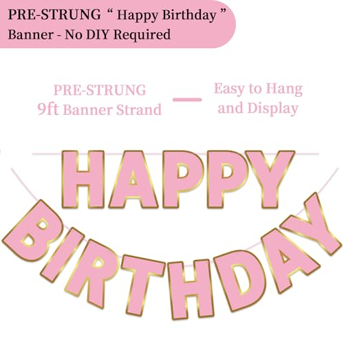 Image of Happy Birthday Banner - 9ft Pre-Strung Happy Birthday Sign for Women, Men, Girls, Boys - No DIY Birthday Decorations & Party Supplies(Pink Gold)