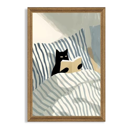 Fantasy Artists Black Cat Reading in Bed Wall Art, Quiet